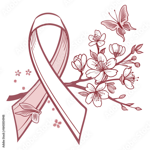 Pink ribbon with cherry blossoms and butterflies symbolizing hope and awareness for breast cancer