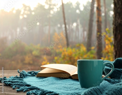Cozy autumn scene with book, mug, and blanket (1)