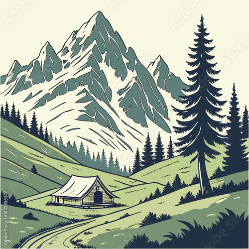 Rustic wooden cabin nestled in a lush green mountain valley with snow capped peaks and pine trees