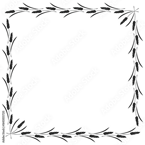 Square frame made of black wheat or rye ears. Vector autumn border, backdrop hand drawn in flat style, isolated on white background