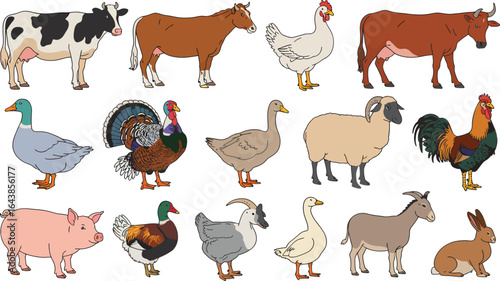 Collection of Diverse Domestic Farm Animals Isolated on White Background for Agricultural Themes and Rural Life Concepts