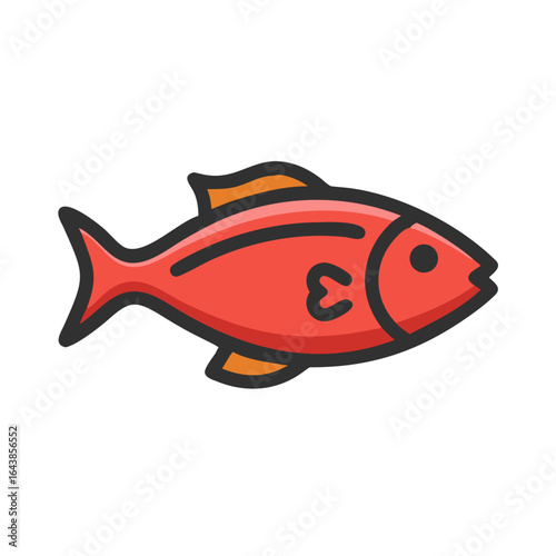 Cartoon red fish graphic, swimming on a black background
