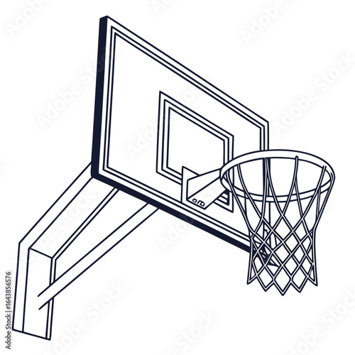 Stylized outline drawing of a basketball hoop and backboard on a white background