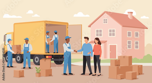 Happy couple shaking hands with movers in front of their new house