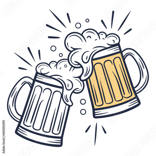 Two frothy beer mugs clinking together in a celebratory toast with splashing foam and bubbles