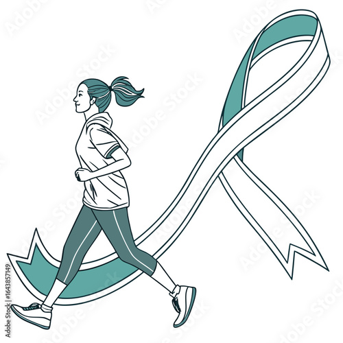 Woman running with teal ribbon symbolizing support for ovarian cancer awareness and research
