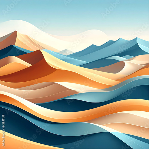 Abstract desert landscape with undulating, layered sand dunes in warm and cool tones.