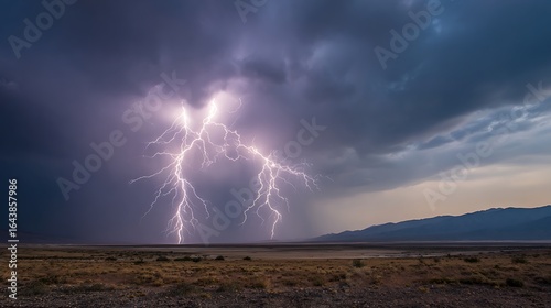 Fototapeta Naklejka Na Ścianę i Meble -  Dramatic lightning storm over the desert landscape at dusk or dawn time