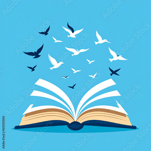 An open book with pages and birds soaring upwards against a blue backdrop.