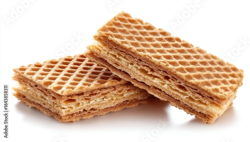 Two crispy, golden-brown wafer biscuits, layered with creamy filling, rest on a pristine white background