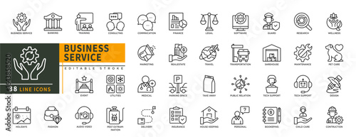 Minimalist Business Service line icons set with editable stroke, featuring Banking, traning, consulting, communication, finance, medical, utilities, insurance, delivery, etc. thin linear illustration.