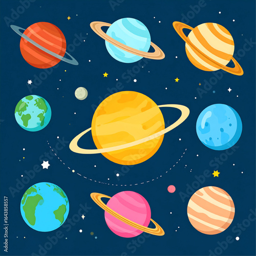 Colorful cartoon depiction of planets with rings and stars against a dark blue background, showcasing a vibrant solar system illustration.