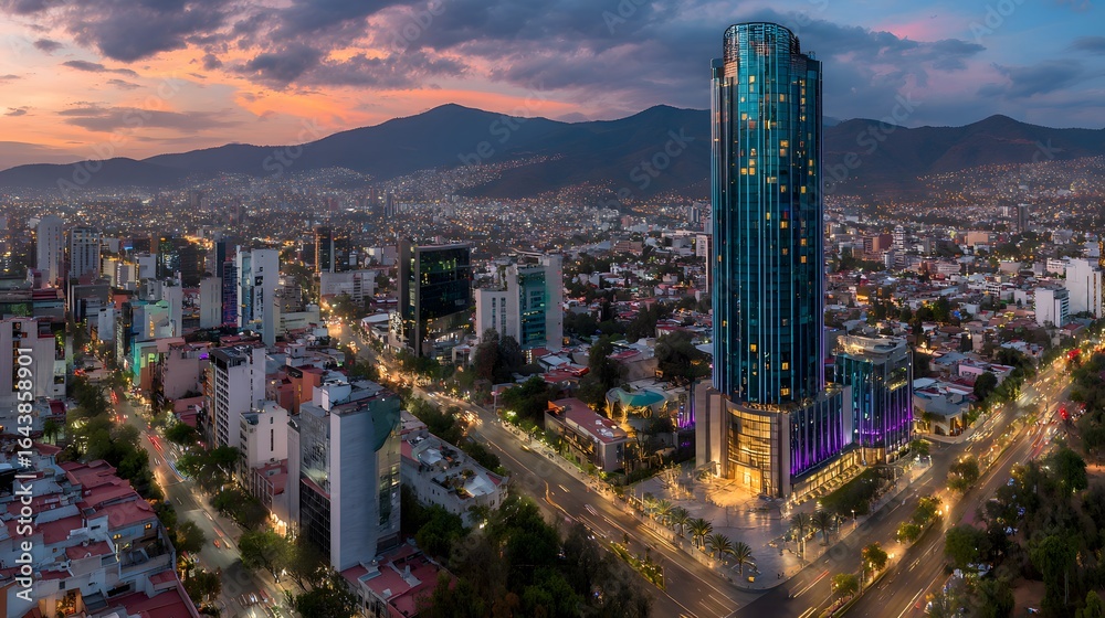 Obraz premium City skyline at twilight, showcasing modern architecture and urban landscape.