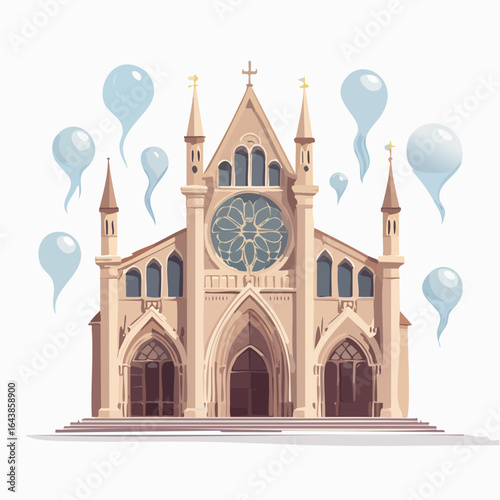 Ornate Gothic Church with Rose Window and Floating Ghostly Figures