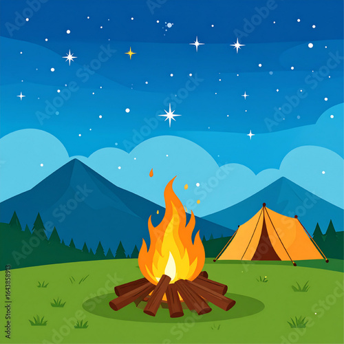 Campfire burning brightly with a tent in the background, set against a night sky filled with stars and mountains.