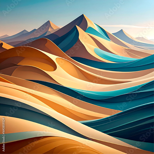 Abstract stylized landscape of sand dunes with vibrant colors and flowing shapes.