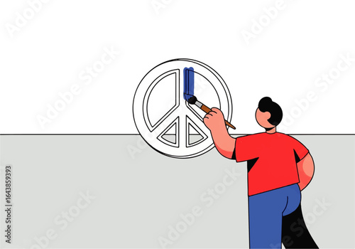 Person painting a blue peace sign suitable for activism, protest, art themes, promoting peace, hippie culture, and creative backgrounds.