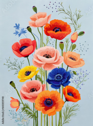 Vibrant painting of colorful poppy flower bouquet. Delicate floral art illustration on light blue background with cheerful and fresh feeling, perfect for spring