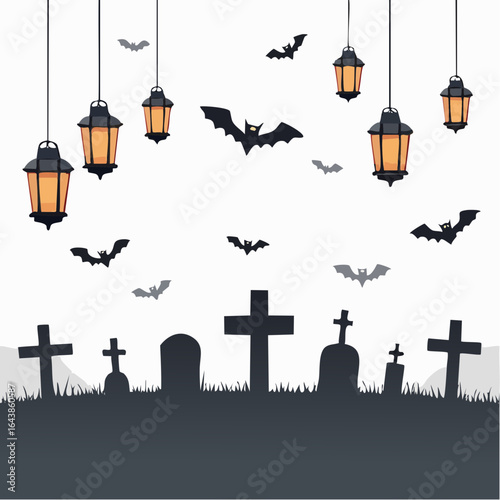 Spooky Halloween Scene with Bats Lanterns and Graveyard Silhouettes