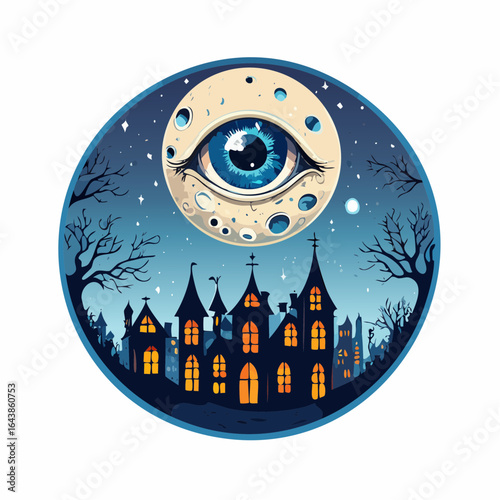 Eerie Halloweenscape AllSeeing Eye Moon over Haunted Village in Blue Circle