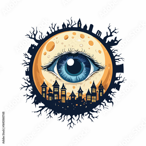 Spooky Halloween Eye Gazing Over a Dark Haunted Town Silhouette