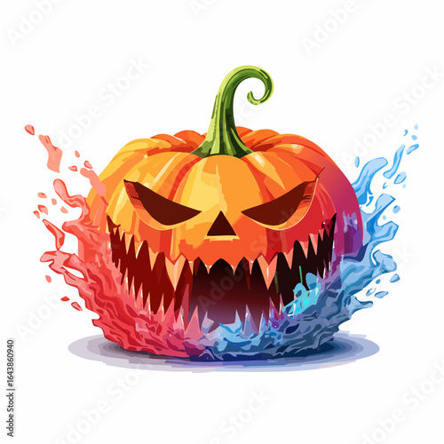 Fiery and Icy Halloween Pumpkin with Angular Features and Spiked Teeth