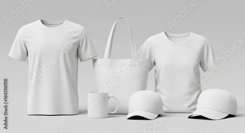 Minimalist merchandise mockup featuring blank apparel and accessories on white ground.