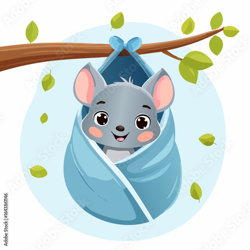 Cartoon mouse swaddled in blue hanging from a leafy branch with heterochromia
