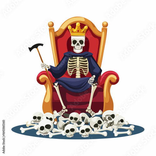 Cartoon Skeleton King with Golden Crown and Scepter on Red Throne Surrounded by Skulls