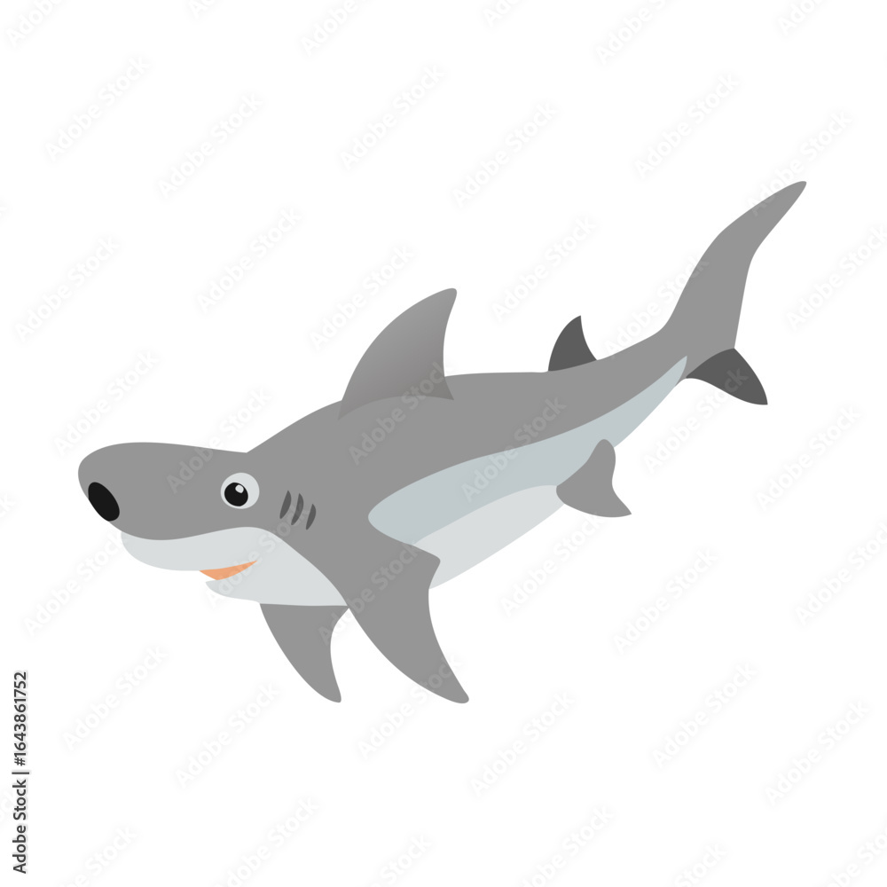 Fototapeta premium Cartoon gray shark swimming in front of a black background