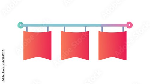 Three red gradient flags hanging from a bar