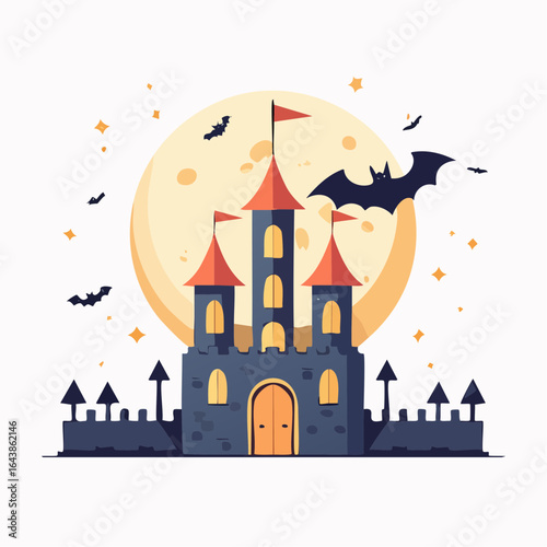 Spooky Halloween Castle with Bats and Full Moon in Cartoon Style