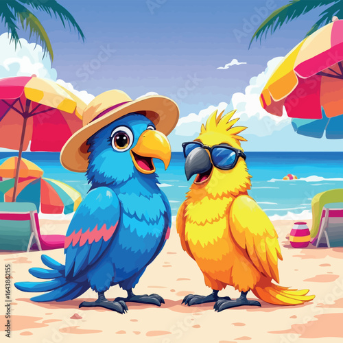 Vsai cartoon parrots enjoying summer vacation on a tropical beach