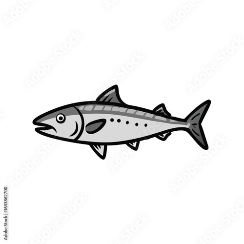 Stylized grey mackerel fish illustration on clean black backdrop