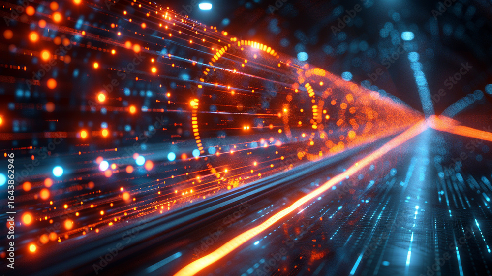 Fototapeta premium Abstract digital tunnel with glowing orange and blue lines and particles.