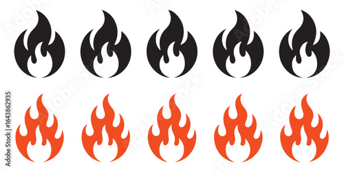 Fire icon collection. Fire flame symbol. Bonfire silhouette logotype. Flames symbols set flat style - stock vector.