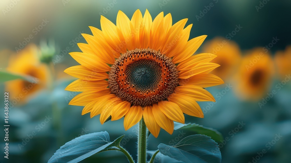Fototapeta premium Vibrant sunflower in field, bright yellow petals, sunlit.