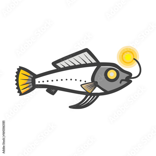 Anglerfish cartoon illustration with light on black background