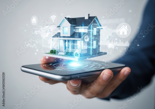 Smart home technology concept with house hologram over a mobile phone in hand
