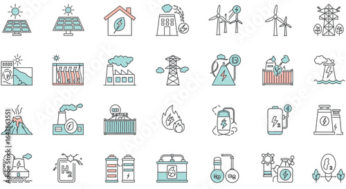 A comprehensive collection of modern line icons illustrating various aspects of energy production, sustainable solutions, and environmental challenges.