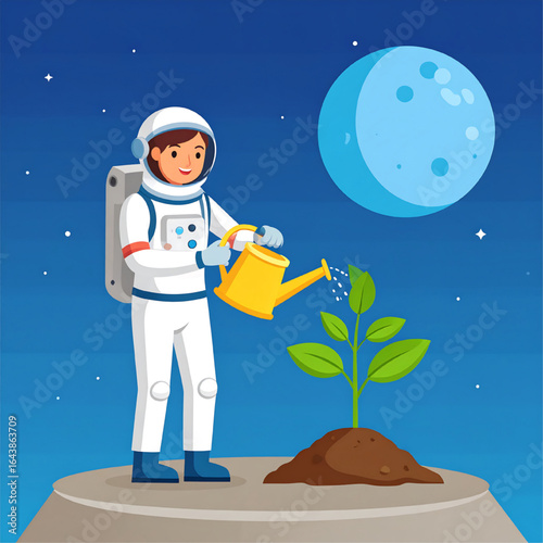 Astronaut tending a small plant on a lunar surface, under a large moon.