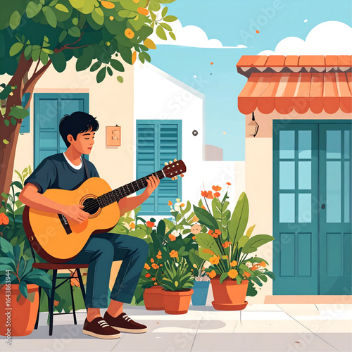A young man plays guitar outdoors, surrounded by plants and architecture, enjoying the sun.