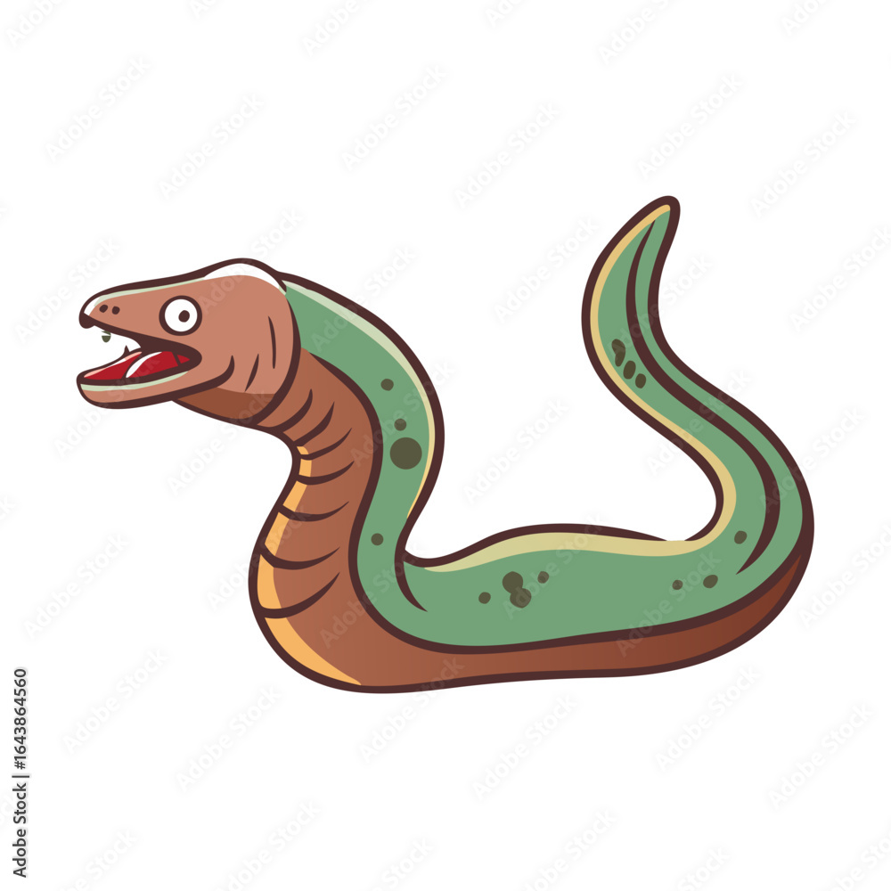 Naklejka premium Cartoon eel with open mouth on a black background