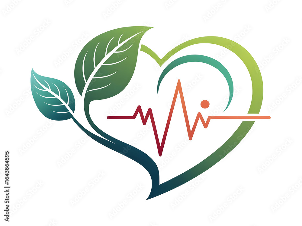 Naklejka premium Heart shape with leaves and heartbeat line leaf nature