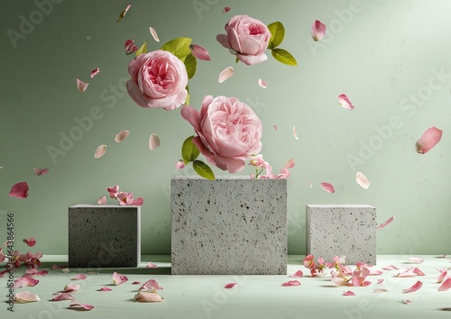 Levitating pink roses and scattered petals above speckled grey cube displays against a muted green backdrop