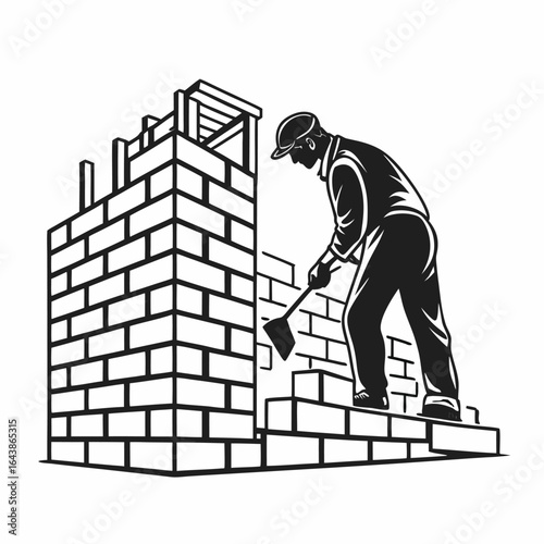 Silhouette of a bricklayer at work, a professional mason constructing a brick wall with a trowel. Vector logo concept for construction industry.