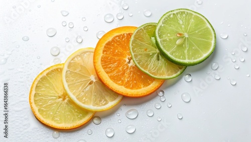 Fresh Citrus Slices with Water Droplets on a White Background