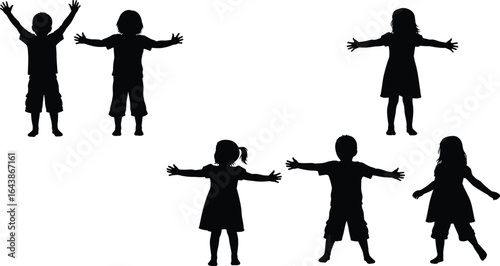 Silhouettes of happy, diverse children with arms outstretched, playing and celebrating unity, freedom, and friendship in a joyful, carefree moment