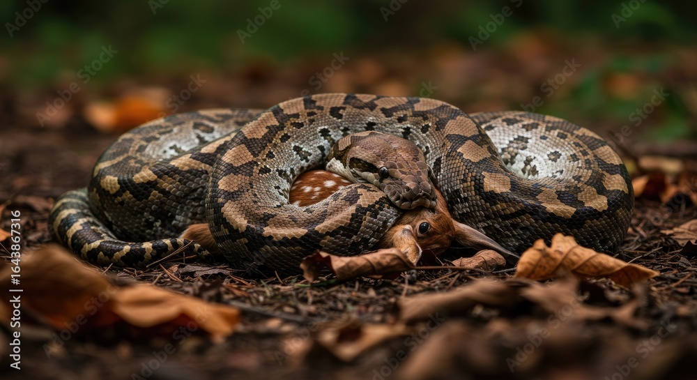 Fototapeta premium Python Constricting Fawn in Forest Floor Amidst Autumn Leaves