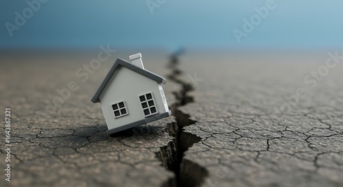 Tiny House Leaning in Cracked Earth Against Blue Sky Background